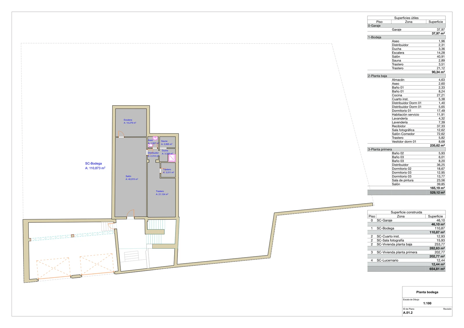Plano de la planta bodega (semisótano) (hoja A.01.2, escala 1:100) con estancias y superficies útiles